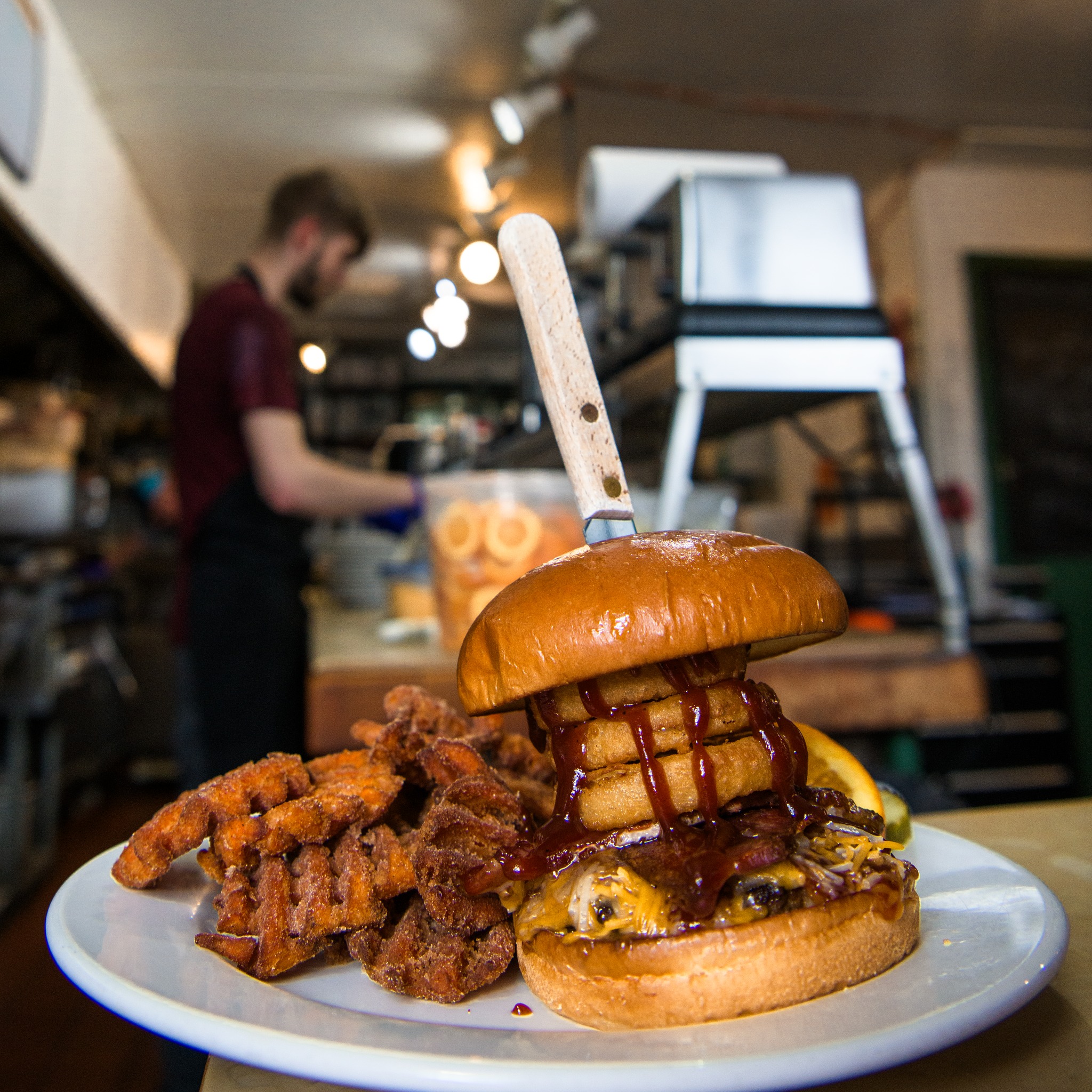 bbq hamburger and waffle fries